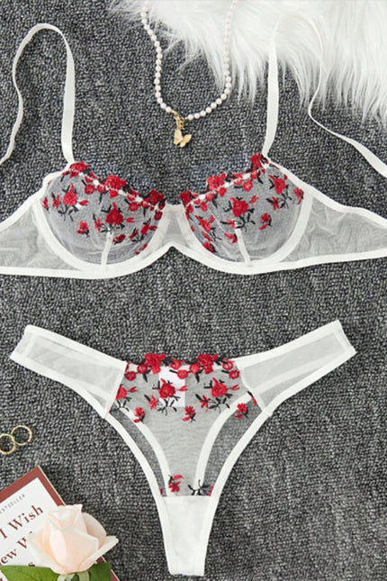 Sexy blomsterstrikket undertøysett i polyesterstoff 